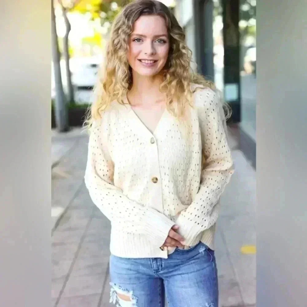 Follow Me Oatmeal Pointelle Knit Button Down Cardigan